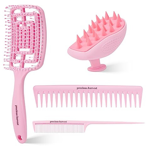 precious harvest Silikon-Massage-Shampoonierbürste, ausgeschnittene Haarbürste, Kamm mit breiten Zähnen und spitzem Schwanz, Makronen-Farbkamm für alle Haartypen (Blassrosa)