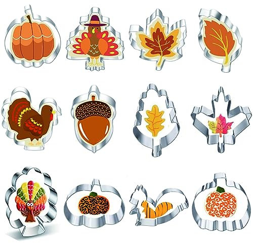 12 Pieces Thanksgiving Cookie Cutters Set, Mini Stainless Steel Cute Cookies Cutter Includes Pumpkin, Turkey, Maple, Oak Leaf, Squirrel, Chestnut, Football etc Autumn Fall Cutters Molds Decorations