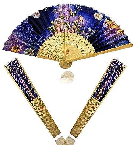 TIPTOP DECORATION Premium Gold Printed Floral Wooden Hand Held Fan (15 Inch) (Pack Of 1 Piece, Midnight Bloom)