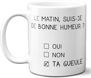 DECOHO - Mug humour Bonne humeur du matin - Mug céramique blanc - Message drôle imprimé en France - 33 cl, cadeau original anniversaire - Blanc