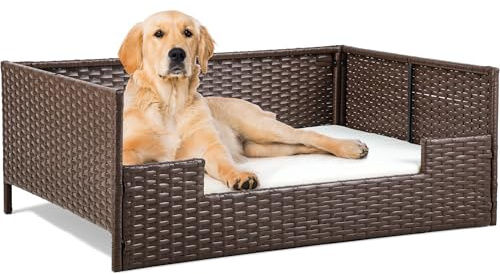 YITAHOME Rattan-Hundebett mit Kissen, Korbgeflecht, Haustierbett, Sofa, Couch, für drinnen und draußen, wasserabweisend, für große, mittelgroße und kleine Hunde, Katzen (97 cm L x 66 cm B x 38 cm H