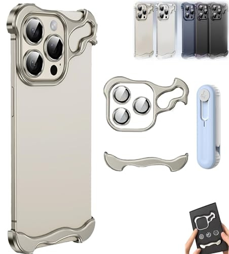 behound Special-Shaped Metal Corner Pad Anti-Fall Phone Case Suitable for iPhone 15 14 13 Pro Max, Frameless Aluminum Alloy Metal Corner Pad Anti-Fall Phone Case with Lens Protective Film (Grey,15)