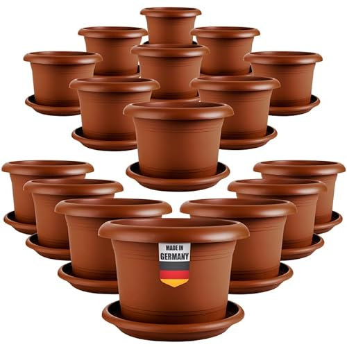 2friends Lot de 16 pots de fleurs élégants de 40 cm de diamètre – Grand pot de fleurs extérieur en terre cuite avec soucoupe, robustes et résistants au gel, en plastique, pour jardin, balcon, terrasse