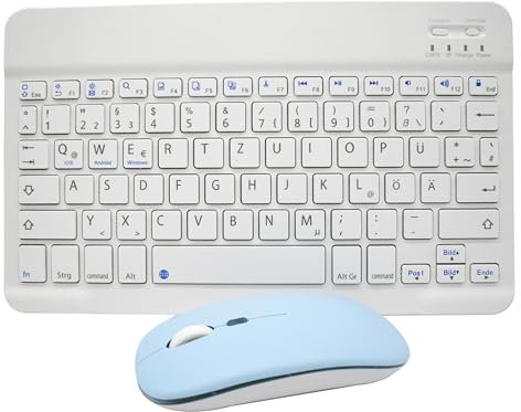Wiederaufladbare Bluetooth-Tastatur, Ultra Dünn Wireless Bluetooth Keyboard Deutsches Layout QWERTZ BT3.0 Tragbare Kabellose Tastatur Bluetooth für Windows, iOS, Android, Bluetooth-Maus,Blau
