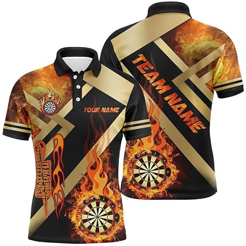 vhasport Personalisierte Gold- und Schwarz-Dartboard-Feuerflammen-Dartshirts für Herren & Damen, Dart-Team-Trikots T2048
