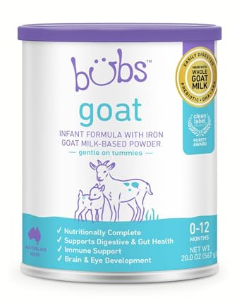 Bubs Whole Goat Milk Formula with Iron, Goat Milk-Based Powder, for Infants 0-12 Months, Made with Non-GMO Goat Milk, 20 oz