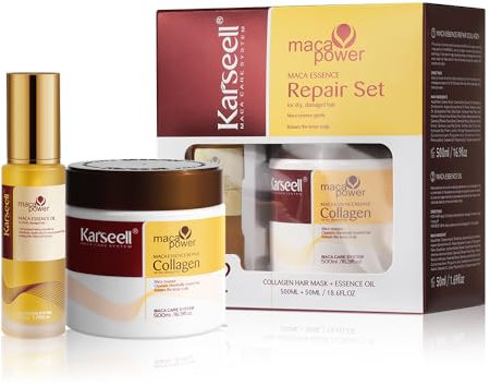 Karseell Set di Riparazione per Capelli Secchi Danneggiati, Collagene Maschera Capelli & Olio per Capelli, Set Regalo per Tutti i Tipi di Capelli 500ml + 50ml