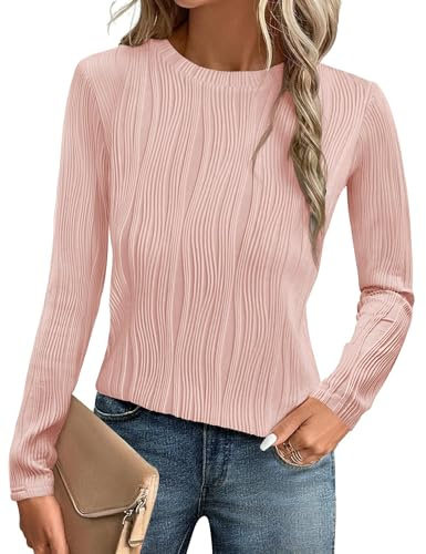 GLEENOD Maglione da donna con scollo rotondo, a maniche lunghe, leggero, elasticizzato, motivo a onde, per autunno e inverno, Colore: rosa., L