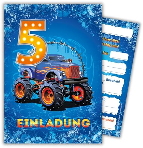 JuNa-Experten 12 Einladungskarten zum 5. Kindergeburtstag Jungen Auto Monster-Truck coole Einladungen fünfte Geburtstag Jungsgeburtstag
