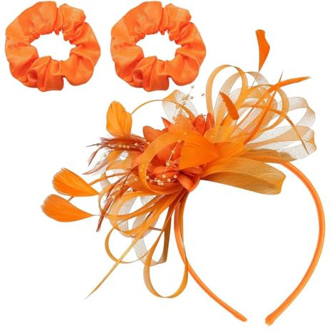 1 Bandeau En Plumes Orange, 2 Élastiques À Cheveux Orange, Casque De Mariage, Casque Orange Pour Femme, Chapeau Pour Femme Au Mariage, Bandeau En Plumes.