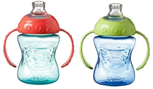 Nuby Grip N Sip, tazza da allenamento con manico, beccuccio morbido e a prova di schizzi, 240 ml, adatta a partire dai 4 mesi (confezione da 2, blu/verde)