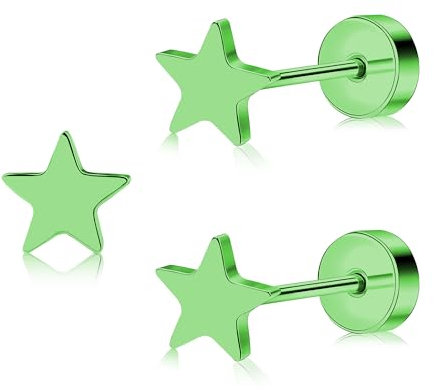 ZDE Titan Damen flach zurück Herz Ohrringe Frauen Nicht-Nickel Ohrringe hypoallergen Knorpel Ohrstecker für empfindliche Ohren einfache klassische 5mm flach Ohrstecker (Star-Green)