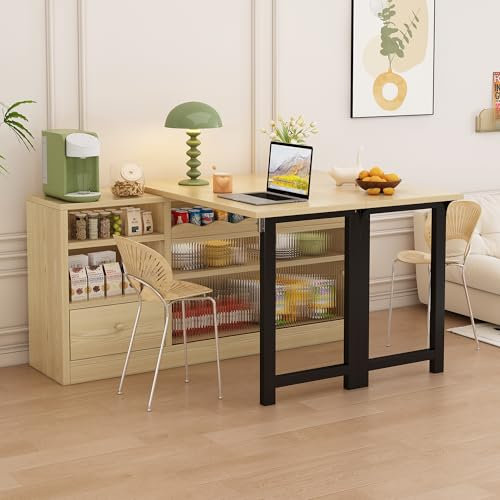 Esstisch Ausziehbar Holz mit großem Stauraum, 360° drehbar Bartisch Klappbar, moderner beweglicher Kücheninsel,Natur+Schwarz, 120x40x75cm