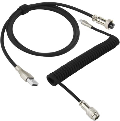 Typ-C Mechanisches Tastatur-Spiralkabel, Schwarz Tastaturdraht Abnehmbares Geflochtenes Kabel mit Metall Aviator Stecker Doppelhülse Elastisches USB-C auf USB-A Kabel für Gaming Schnelle Aufladung