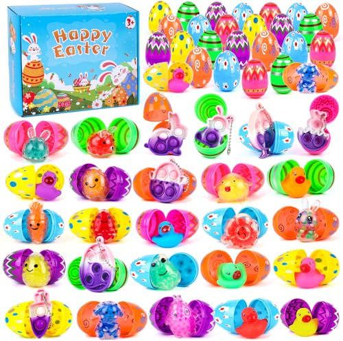 Fullove Ostereier Spielzeug 26-teilig: Stressabbau-Spielzeug gefüllte Plastik-Ostereier für Osternest-Füllungen, Party-Geschenke, Eiersuche für Kinder (26 PCS)