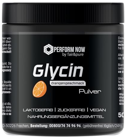 Fair & Pure Perform Now Glycin Pulver 500 g, 3000mg Tagesdosis, 3 g pro Portion, Orangengeschmack, Nahrungsergänzungsmittel vegan, laktosefrei, zuckerfrei, in Deutschland hergestellt