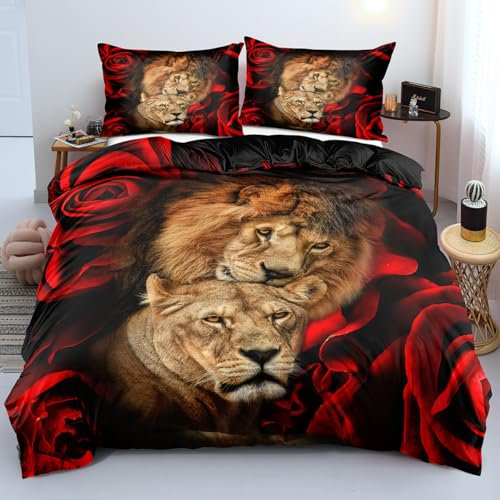 Luowei Löwe Bettwäsche 155x220cm Kinder Jungen Tieremotiv Schwarz Rot Gold Mikrofaser Bettbezug Set Weich 3D Effekt Bettwäsche 3teilig mit Reißverschluss und 80x80 cm Kissenbezug