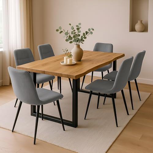 SAM 7 TLG. Essgruppe Josy | 220 x 100 cm | Holz Wildeiche-Optik | Stuhl Set Susi Grau | U-Gestell Schwarz | Esstisch mit 6 Stühlen | Esszimmertisch/Küchentisch/Holztisch | Esszimmer