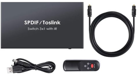 Ujjdwiurgh Conmutador de Fibra Óptica SPDIF Toslink, Divisor de Audio Digital, con Control Remoto IR, Cable Óptico.