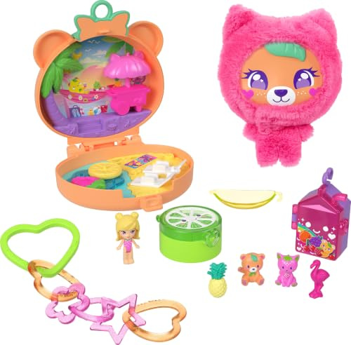 Polly Pocket Doll & Pets Playset, Plushie Bear Compact, Keychain and Plush with Fruit Theme Accessories and Charms, JKC79