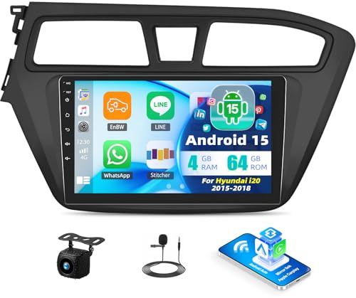 4+64G Android 15 Autoradio für Hyundai i20 2015-2018, 9 Zoll Touchscreen in-Dash GPS Head Unit mit CarPlay & Android Auto Bluetooth GPS WiFi 32EQ+ AHD Rückfahrkamera