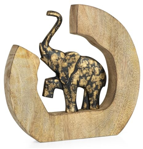 Moritz Dekofigur Elefant aus Aluminium in Mangoholzrahmen 24 x 3,5 x 23 cm - Moderne Elefantenfigur auf Holzsockel - Tierfigur Wohnzimmer Büro - Dekoration mit Symbolkraft