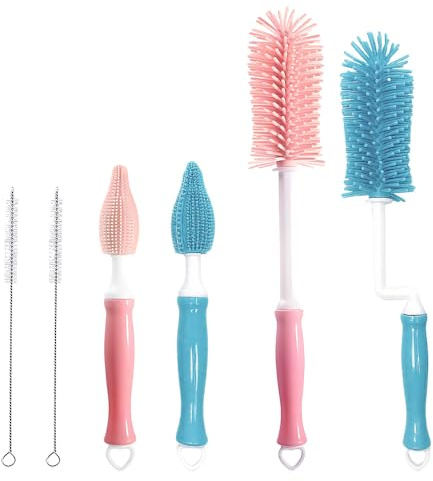 WYAN 2 Jeux Goupillon Biberon, Ecouvillon Biberon Silicone Doux, Brosse de Nettoyage pour Biberon pour Nettoyer Les biberons, Les tétines et Les pailles(Rose + Bleu, Durable et sans Rayures)