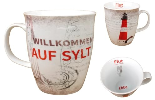 Maritimer Becher - Willkommen auf Sylt - 400ml Tasse Leuchtturm Ebbe Flut Porzellan