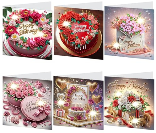 ACAREY Diamond Painting Grußkarte 6er Set Geburtstag Karten Diamant Malerei Geburtstagskarten mit Umschlägen, DIY Diamant Painting Grusskarte Happy Birthday Für Party Geburtstag Ostern Geschenk (A)