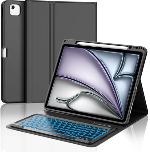 Tastiera per iPad Air 13 M4 2026/M3 2025/M2 2024/iPad Pro 12.9 3-6 Gen | Cover Keyboard con 7 Colori Illuminato Staccabile, Italiano QWERTY, Custodia Tastiera Bluetooth con Portapenna, Nero