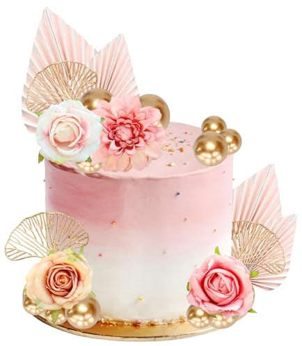 Tortendeko Blumen 19 Stück Boho Tortendeko Rosen Dahlien Ginkgoblatt Papierfächer Torten Deko Kugeln Kuchendeko Rosa für Geburtstag, Hochzeit, Babyparty