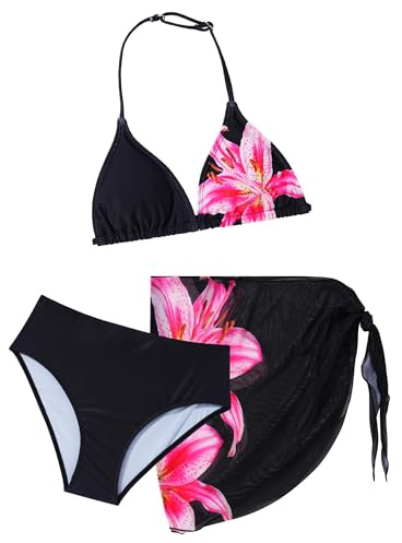 SEAUR Flicka bikiniset leopardmönster blommor trekantig bikini 3-delad baddräkt med kjol badmode baddräkt för barn 8–12 år