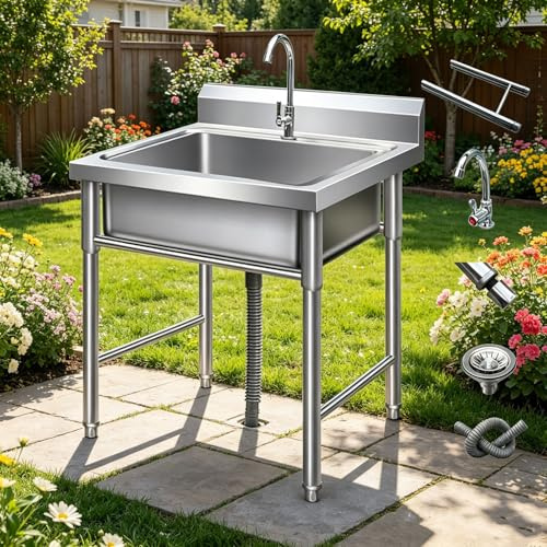 Lavello In Acciaio Inox Autoportante 1 Vasca Lavandino Commerciale Con Rubinetto for Cucina, Ristorante, Bar, Caffè, Garage, Interno E Esterno(40x40x80cm/16x16x32in)
