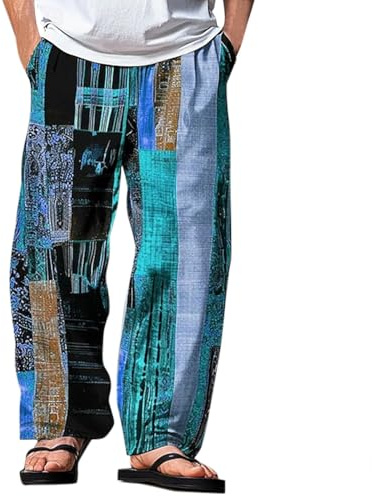 BUKKNYE Men's Hippie Trousers Cotton Linen Baggy Lightweight Elasticated Waist Trousers Regular Fit Patchwork Color Block Casual Summer Pants Lightweight Breathable Quick Dry Jogging Bottoms