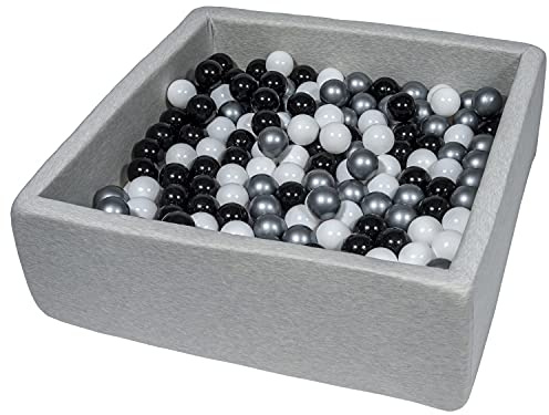 Velinda Piscine a balles pour Enfant, Dimensions: 90x90 cm, Aire de Jeu + 200 balles (Couleurs des balles: Noir, Blanc, Argent)