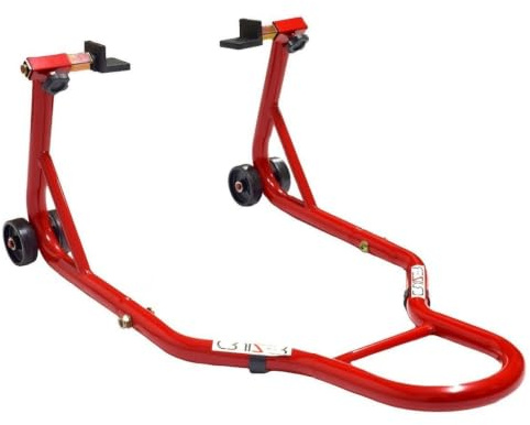 Cruizer Béquille arrière rouge avec fixations à plaques pour moto avec barres de renfort latérales réglables et 4 roues sous-jacentes
