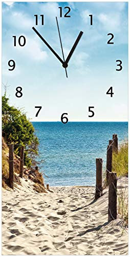 Wallario Design-Wanduhr Auf dem Sandweg zum Strand aus Glas, Motiv-Uhr Größe 30 x 60 cm, Schwarze Zeiger