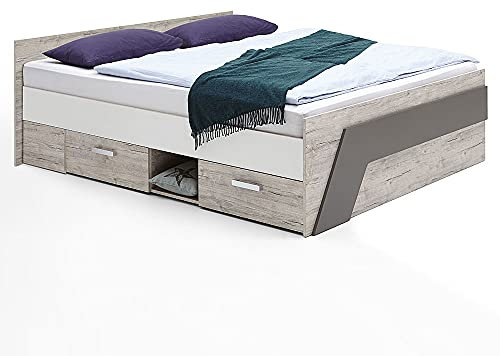 Lomadox Jugendbett Doppelbett Kojenbett 140x200 cm, Eiche weiß Lava blau, 2 Schubkästen & Fach, B/H/T ca. 204,5/69,5/145 cm