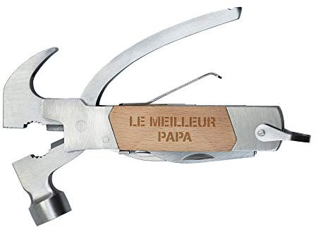 Gadget Storm Outil Mutilfonctionnel 10 en 1, Inox et Bois, Outil de Poche Multifonction avec Gravure pour Papa