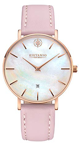 Kistanio Moyen Flache Damenuhr mit Lederband Saphirglas 38 MM Durchmesser Edelstahl Datum Verschiedene Variationen
