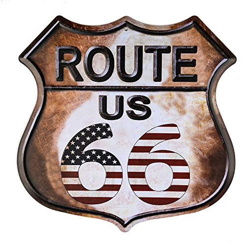dojune - Retro Wanddekoration Schild: Route 66 Amerikanische Flagge, Metall, 11 x 11, 3 mm dick