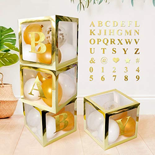 4 Stück Gold Transparent Luftballons Boxen mit 30 Buchstaben 10 Zahlen 5 Symbolen, UNIIDECO Neutral Gender Reveal Oh Baby Shower Dekorationen ABC Blocks Schild, Dusche Geburtstag Party Supplies