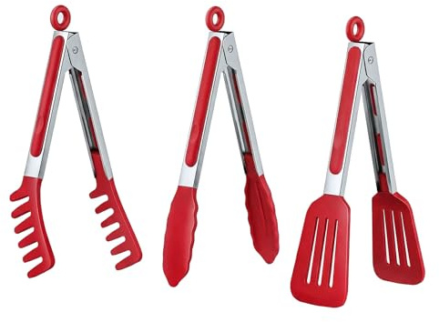 HST 3 Pack Kitchen Tongs, Non Stick Stainless Steel 9 Inch Tongs