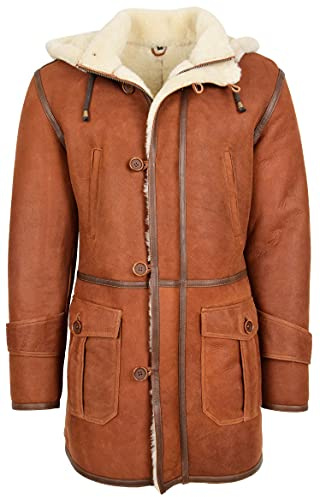 House Of Leather Mens Real Sheepskin Duffle Hooded Coat 3/4 Length Shearling Vincent (L, Whiskey)