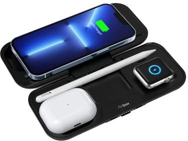 MOMAX Ladestation Airbox PD20W, 5 in 1 Induktive Wireless Ladestation 10000mAh Powerbank für iPhone15/14/13/12 Serie, iPad, AirPods3/2/Pro, Apple Watch8/7/6/5/4/3/2/SE und Qi-Geräte - Schwarz