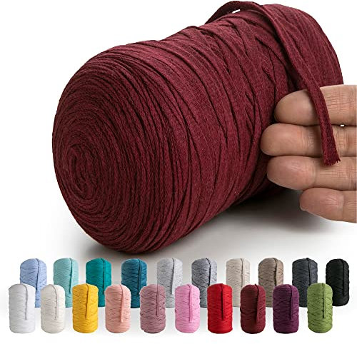 MeriWoolArt® Baumwollgarn Band Rot - 10mm T-Shirt Band Garn für Stricken, Makramee, Häkeln, Weben, Geschenkband - 150 m Baumwollband (Burgunder)