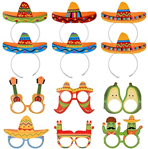Hileyu 6 Stück Sombrero-Partyhüte und 6 Stück Partybrille Maske, Mexikanisches Stirnband, Partybrillen aus Papier, Mexikanische Fiesta Party Bunte Zubehör für Fotorequisiten