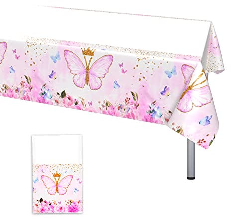 Schmetterling Party Tischdecke, Rosa wasserdichte PVC Plastic Schmetterlings Geblümt Tischtuch, Einweg Rechteckig 108 * 180 cm Tischdecke für Mädchen Frühling Blumen Geburtstag Jubiläum Dekorationen