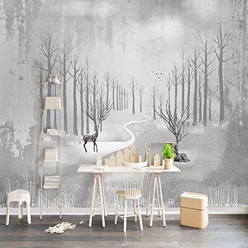 Papier Peint Intissé Paysage De Wapiti En Bois Noir Et Blanc Abstrait 3D Moderne Décoration Tableaux Muraux Tapisserie Photo Trompe L'Oeil Salon Chambre Art Mural Taille personnalisée