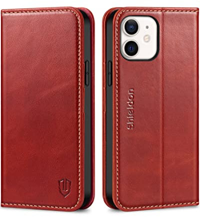 SHIELDON Hülle für iPhone 12 Lederhülle [Echtleder] [Lifetime Garantie] [RFID-Sperre] [Kartenfach] [Magnet] TPU Klapphülle Einfach Handyhülle Schutz Kompatibel mit iPhone 12 Pro 6.1 - Retro Rot